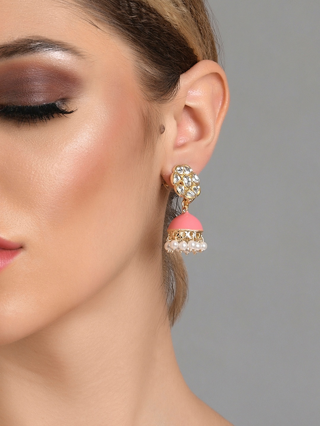

Fida Gold-Toned Contemporary Meenakari Kundan Pearl Jhumka Earrings