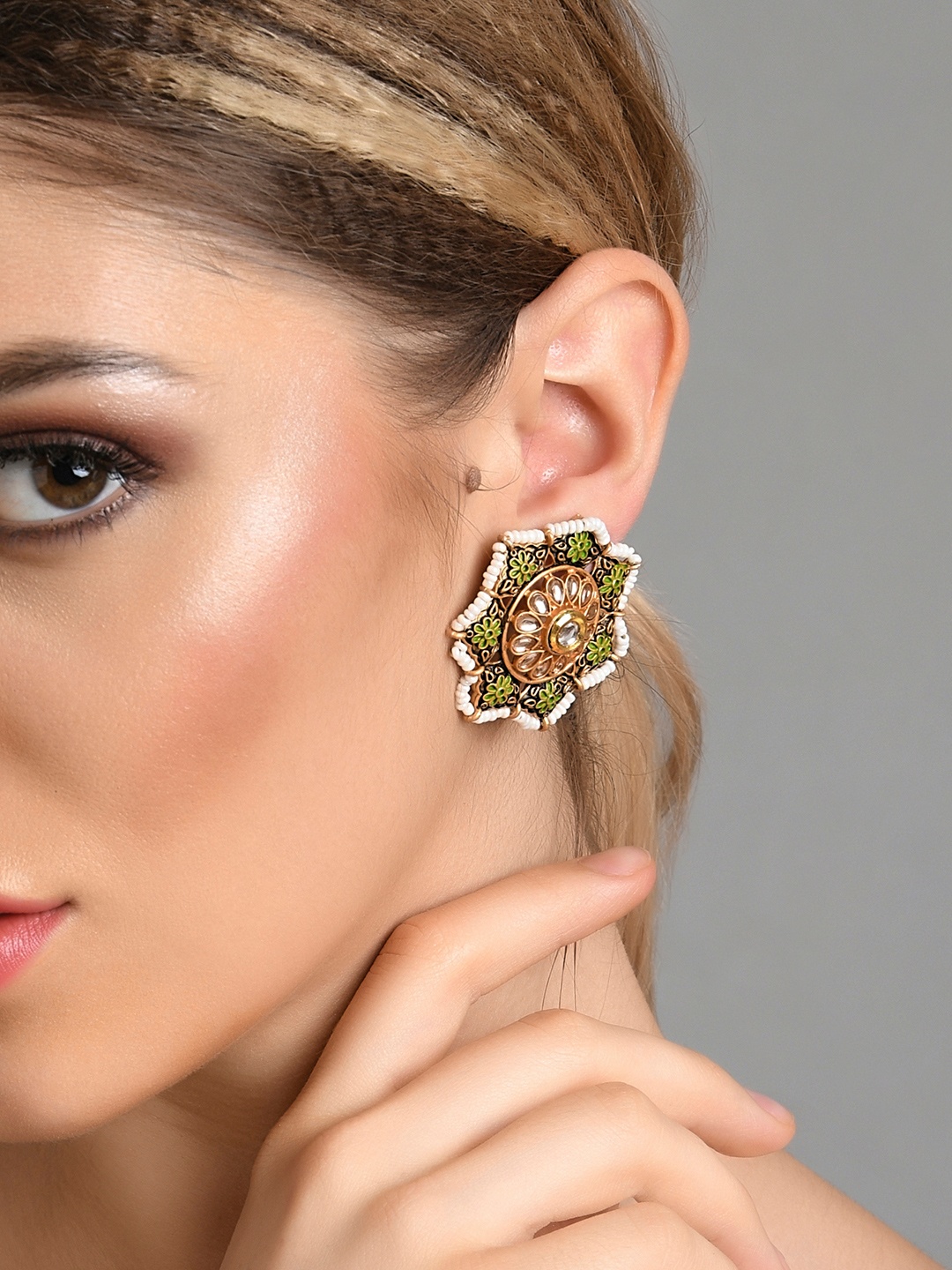 

Fida Pink Contemporary Meenakari Kundan Pearl Studs Earrings
