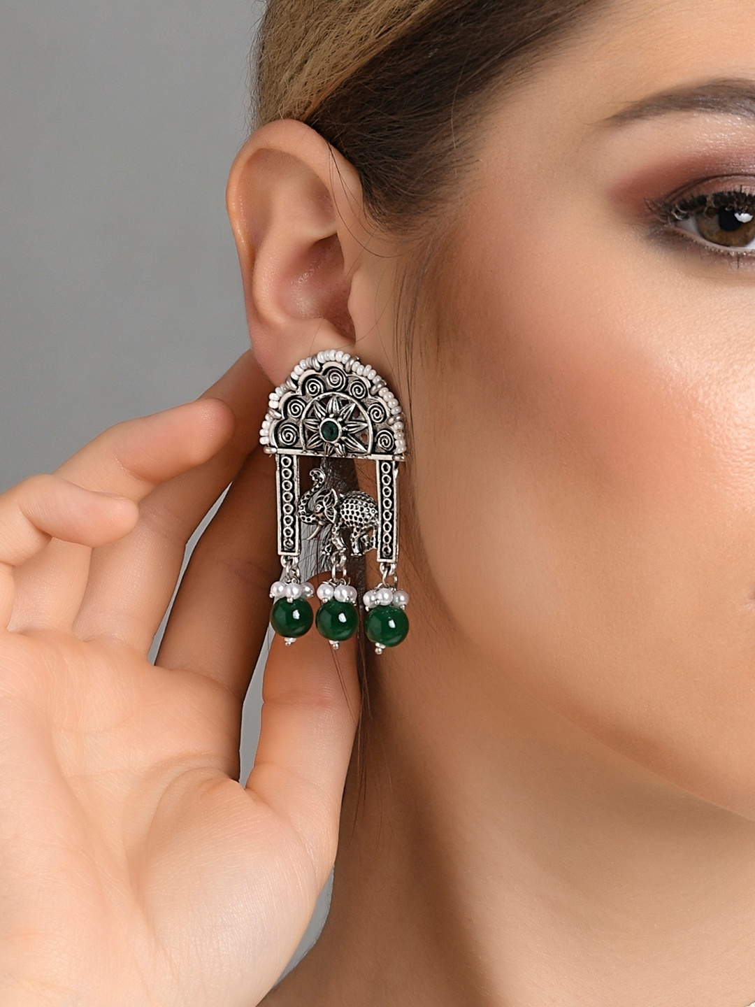 

Fida Silver-Toned Contemporary Emerald Beaded Drop Earrings