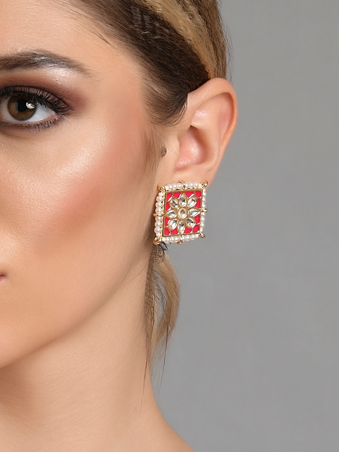 

Fida Ethnic Gold-Toned & Peach-Coloured Square Meenakari Kundan Studs Earrings