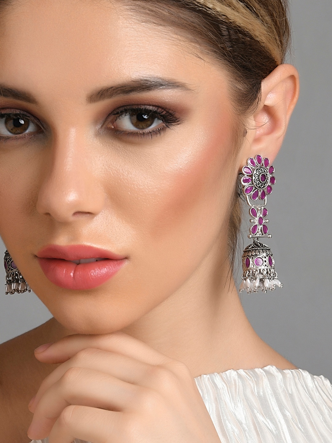

Fida Silver-Toned Contemporary Jhumkas Earrings