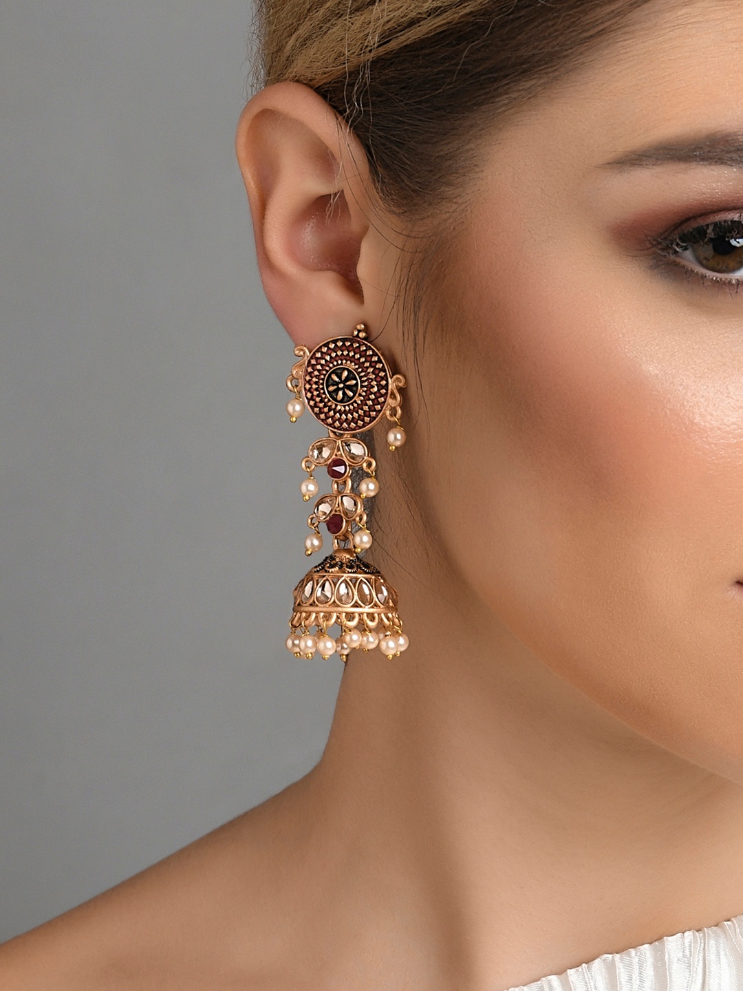

Fida Gold-Toned Contemporary Antique Temple Jhumka Earrings