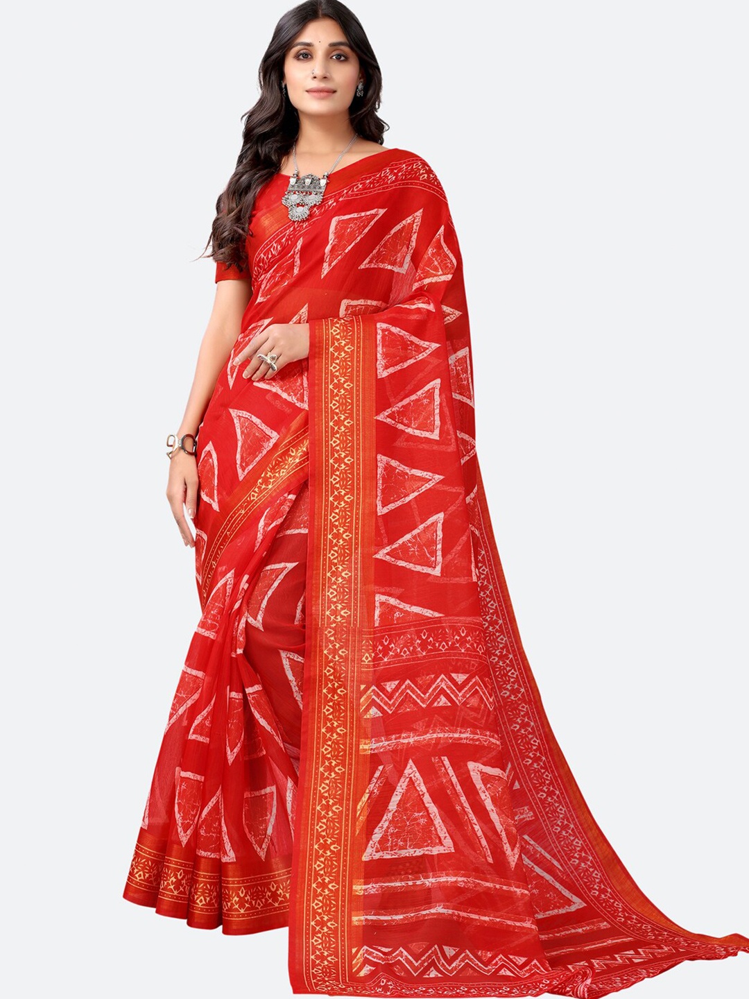 

KALINI Red & White Ethnic Motifs Block Print Saree