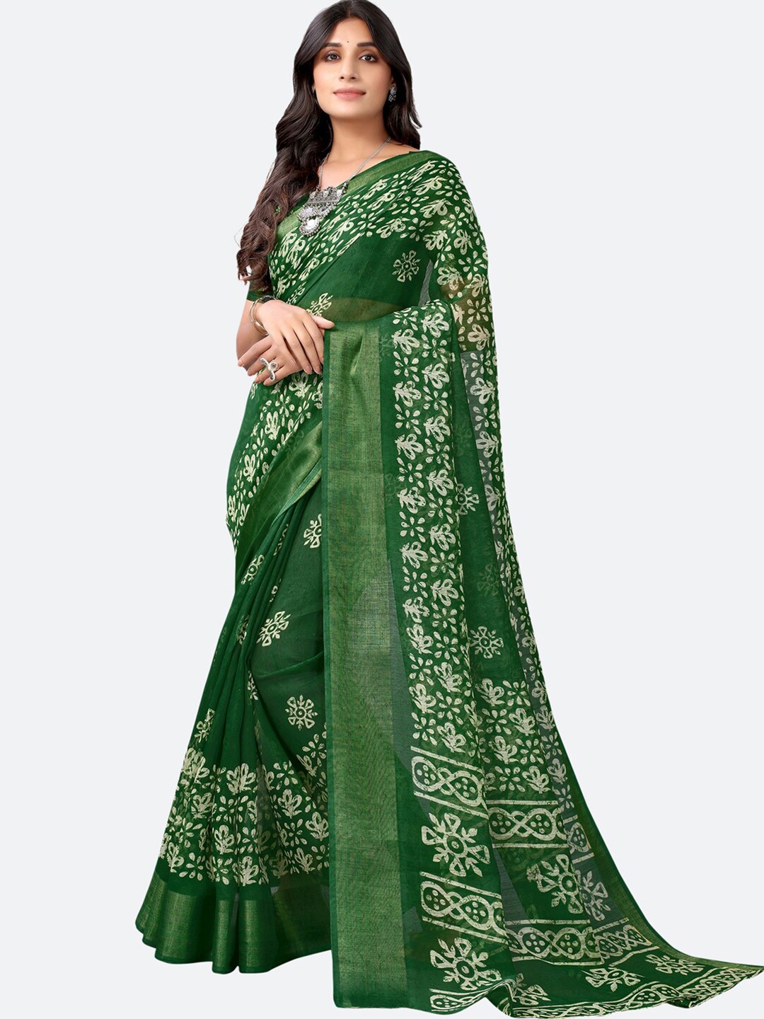 

KALINI Green & White Ethnic Motifs Kota Saree