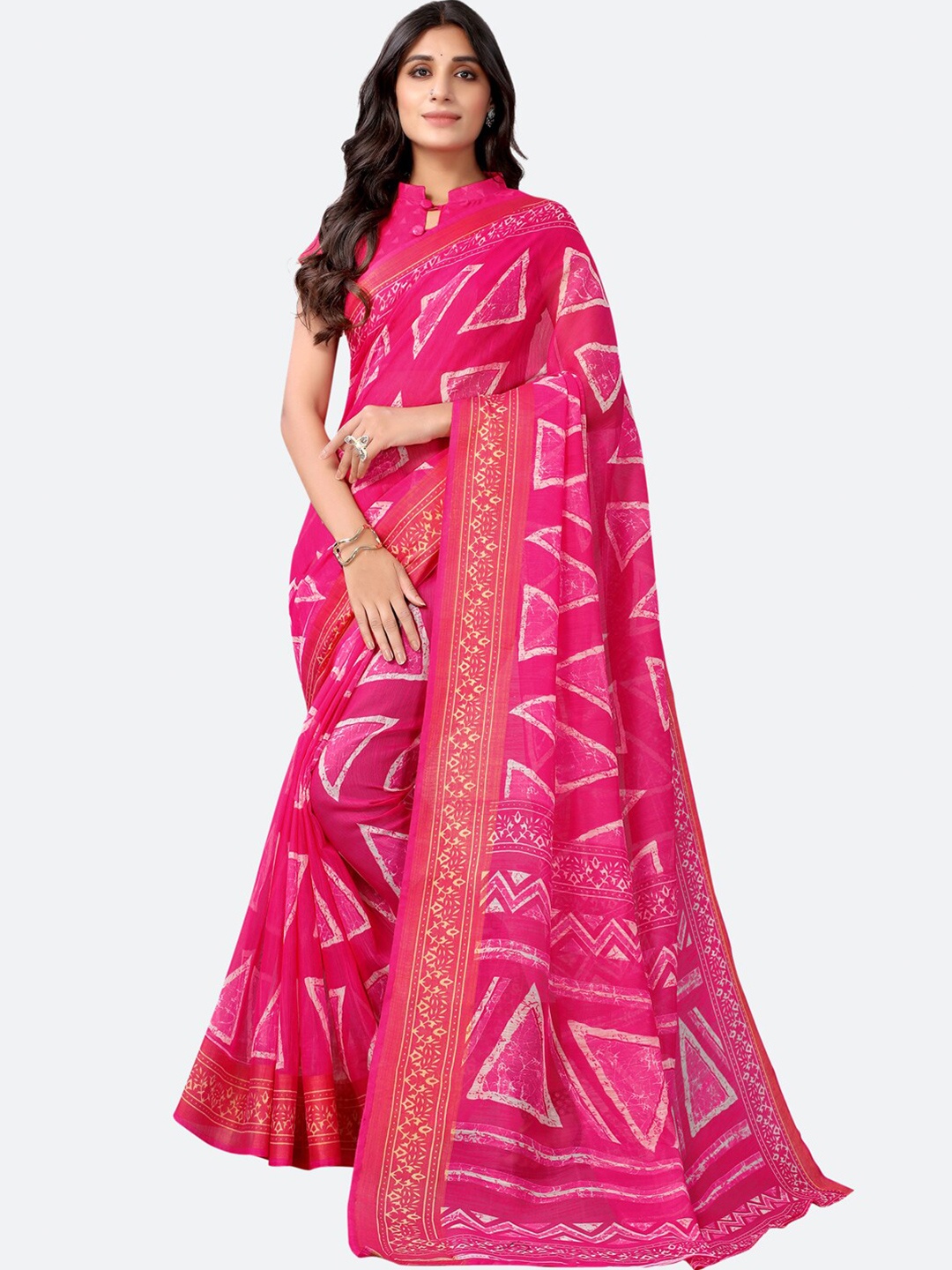 

KALINI Pink & Cream-Coloured Ethnic Motifs Block Print Saree