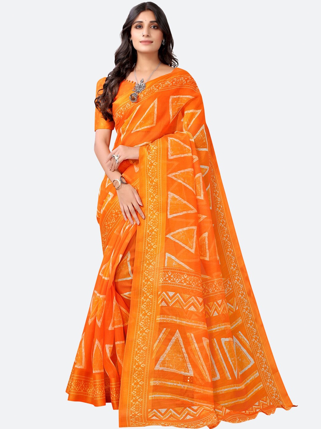 

KALINI Orange & White Geometric Printed Poly Cotton Saree