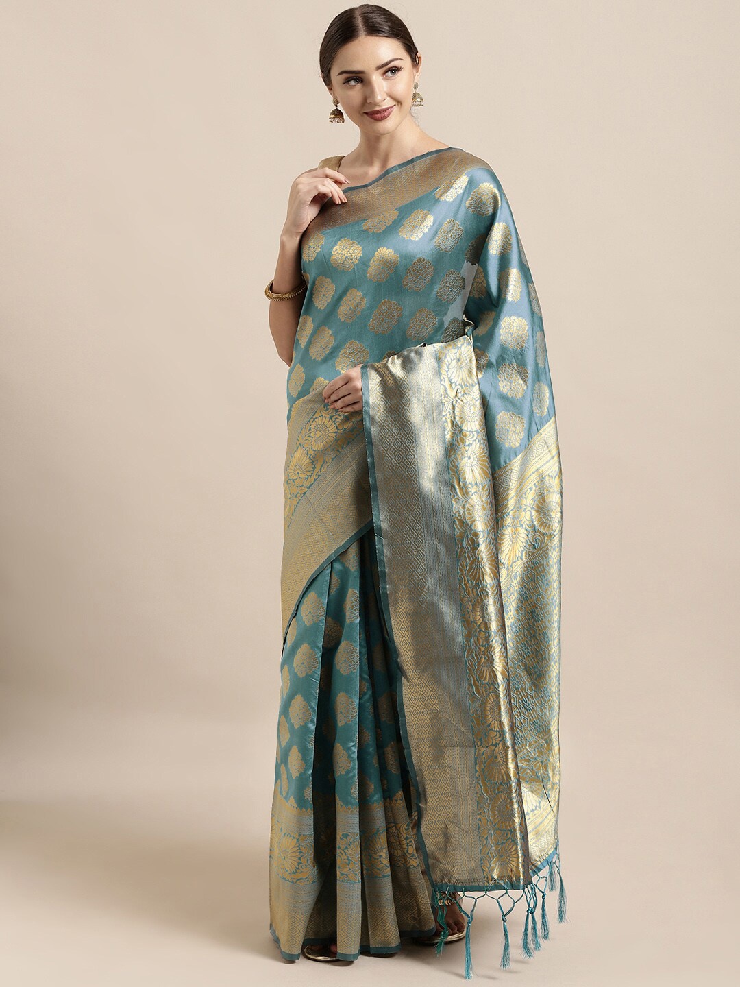 

SHADOW & SAINING Blue & Gold-Toned Woven Design Silk Blend Banarasi Saree