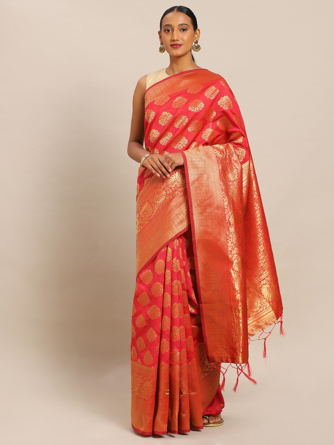 

SHADOW & SAINING Pink & Gold-Toned Woven Design Zari Silk Blend Banarasi Saree