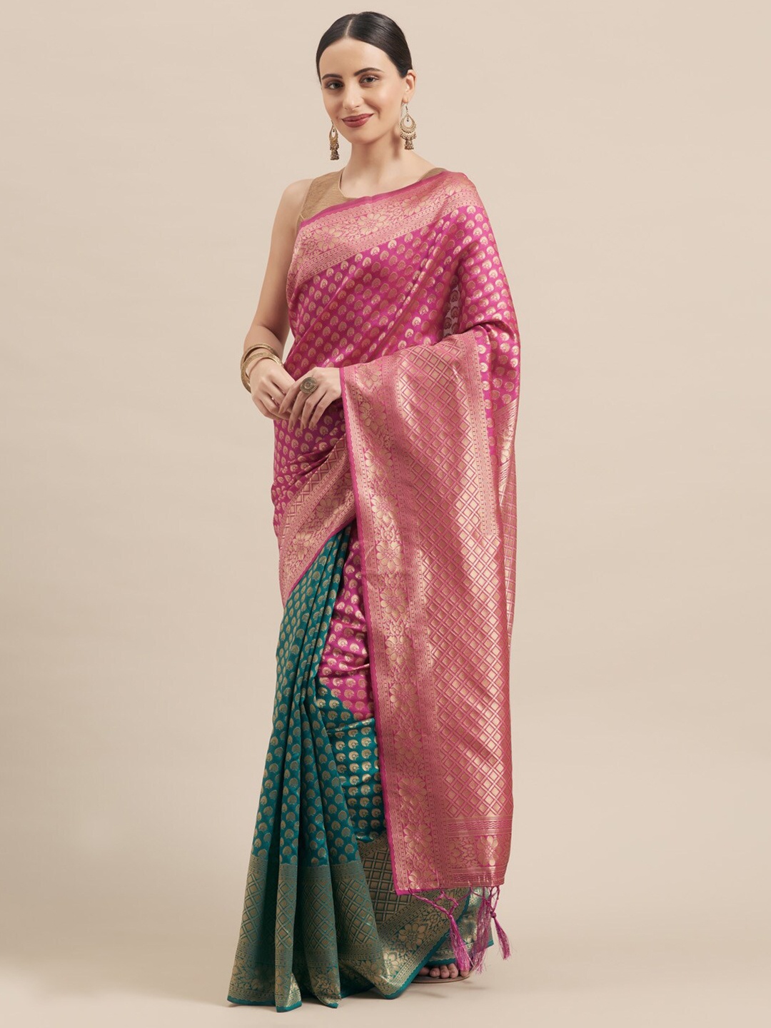 

SHADOW & SAINING Blue & Pink Woven Design Zari Silk Blend Banarasi Saree