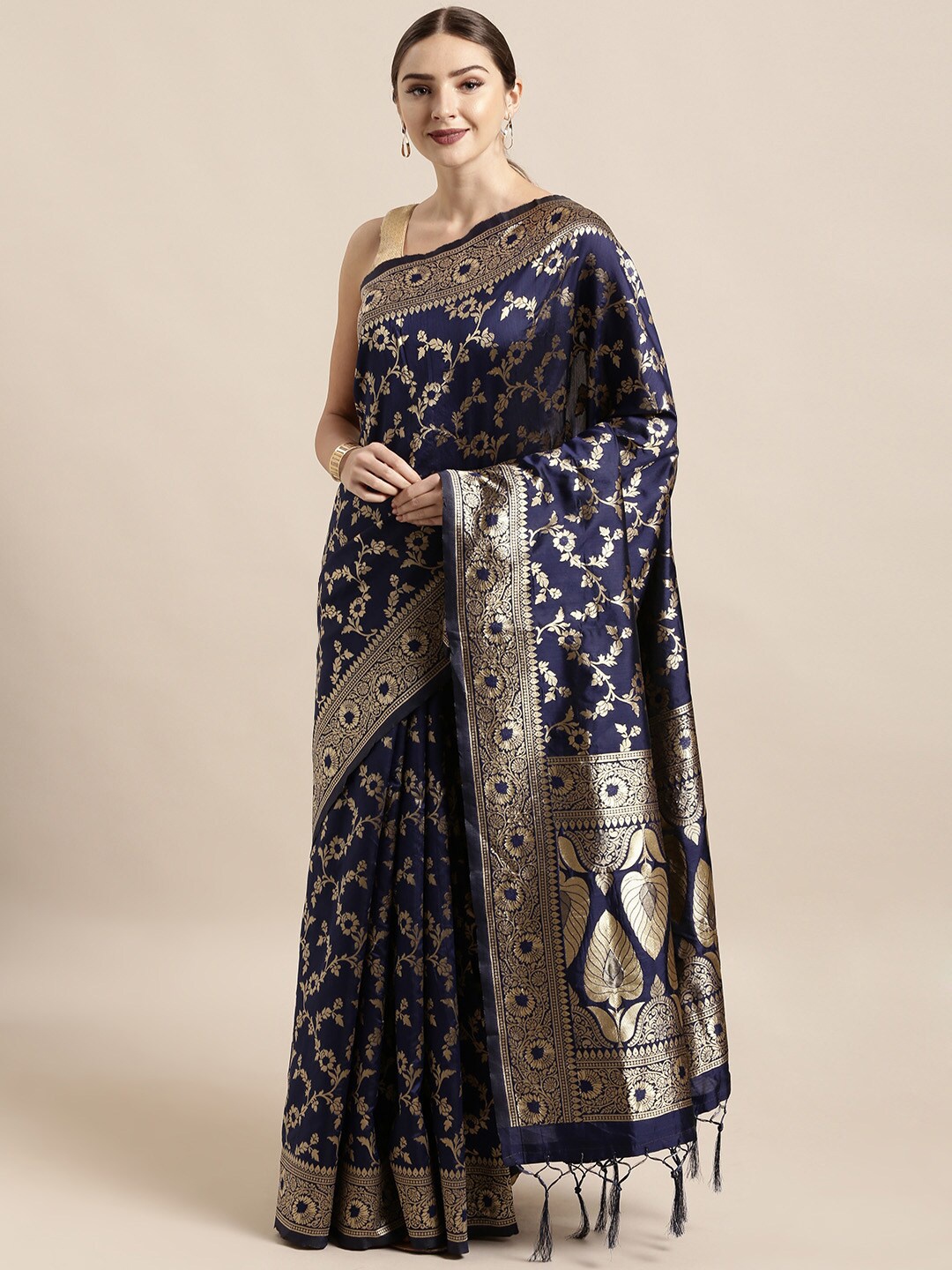 

SHADOW & SAINING Navy Blue & Golden Ethnic Motifs Silk Blend Banarasi Saree