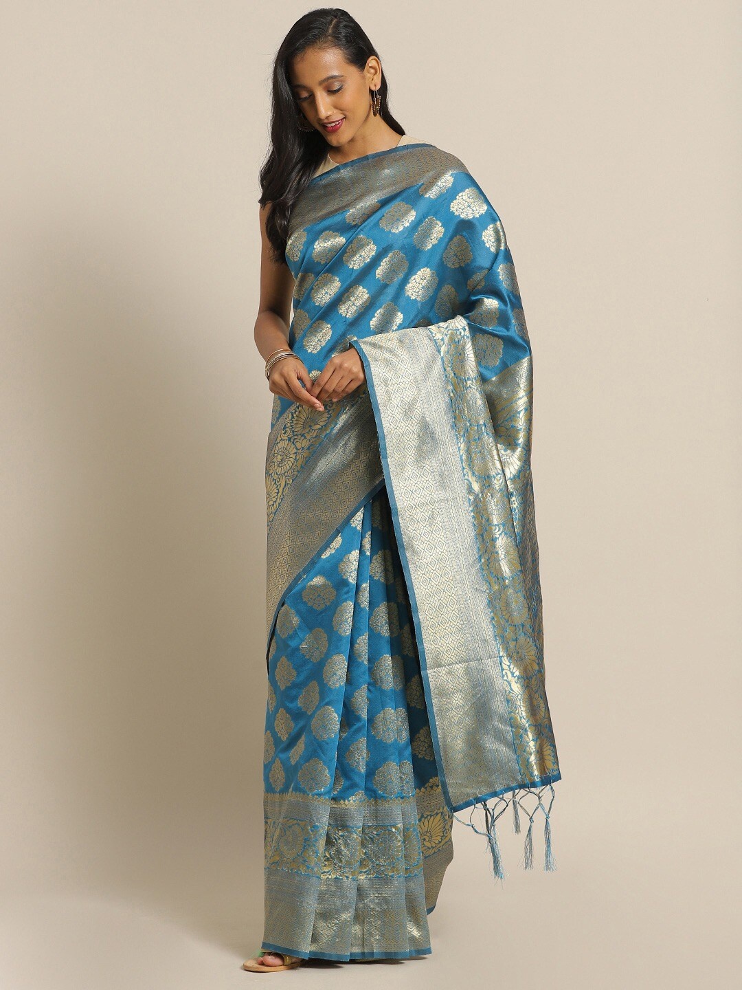 

SHADOW & SAINING Blue & Golden Ethnic Motifs Zari Silk Blend Banarasi Saree