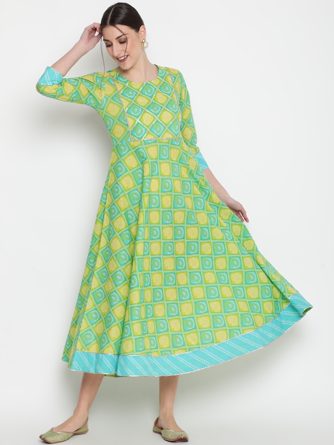 

GLAM ROOTS Women Green Geometric Printed Round Neck Cotton Anarkali Kurta