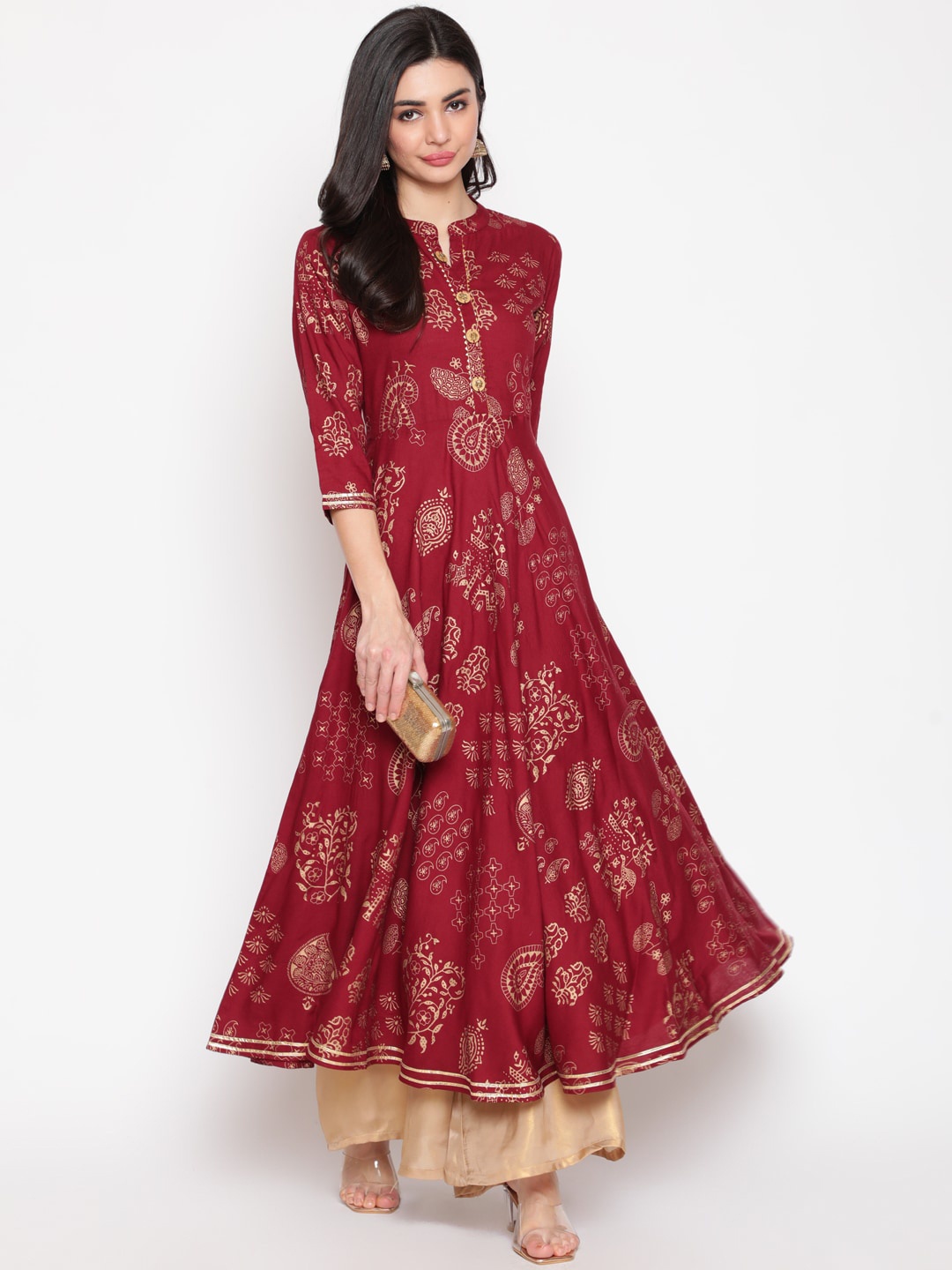 

GLAM ROOTS Women Maroon & Gold-Toned Ethnic Motifs Printed Anarkali Kurta