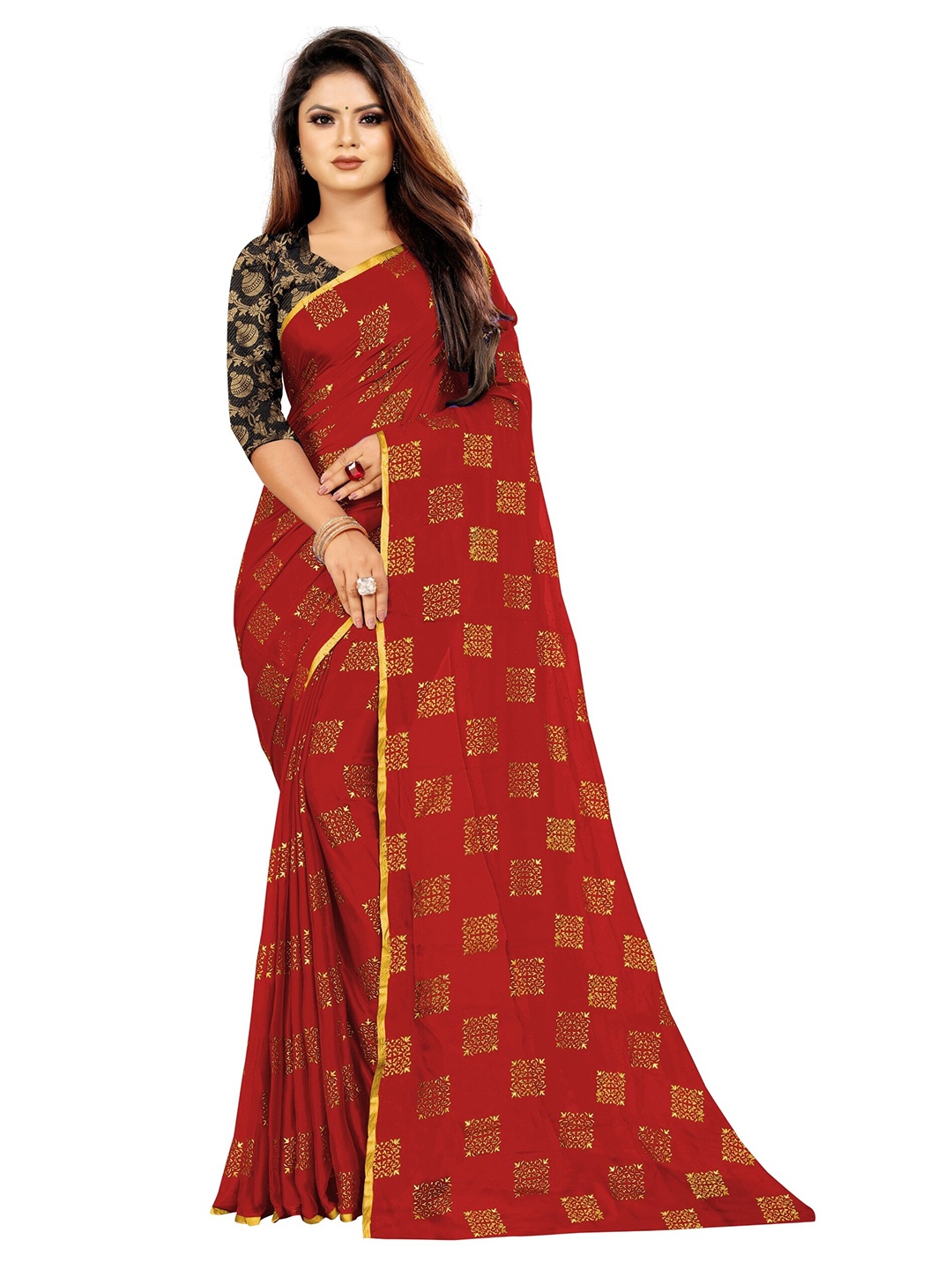 

Rhey Red & Gold-Toned Checked Zari Banarasi Saree