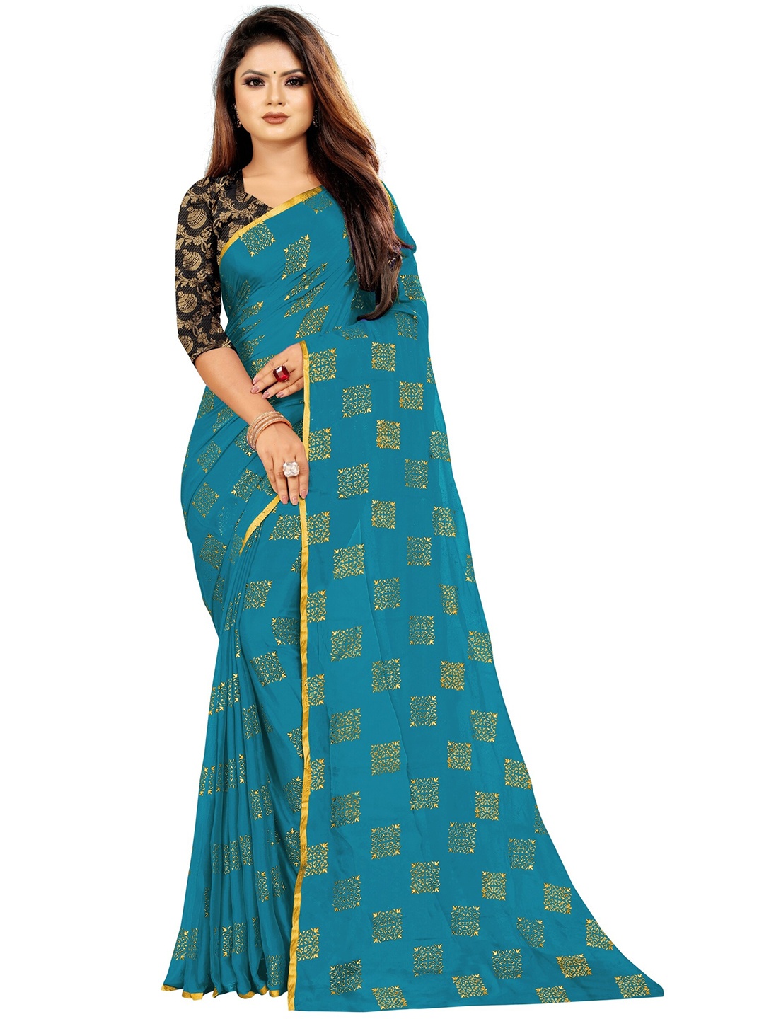

Rhey Turquoise Blue & Gold-Toned Checked Zari Banarasi Saree