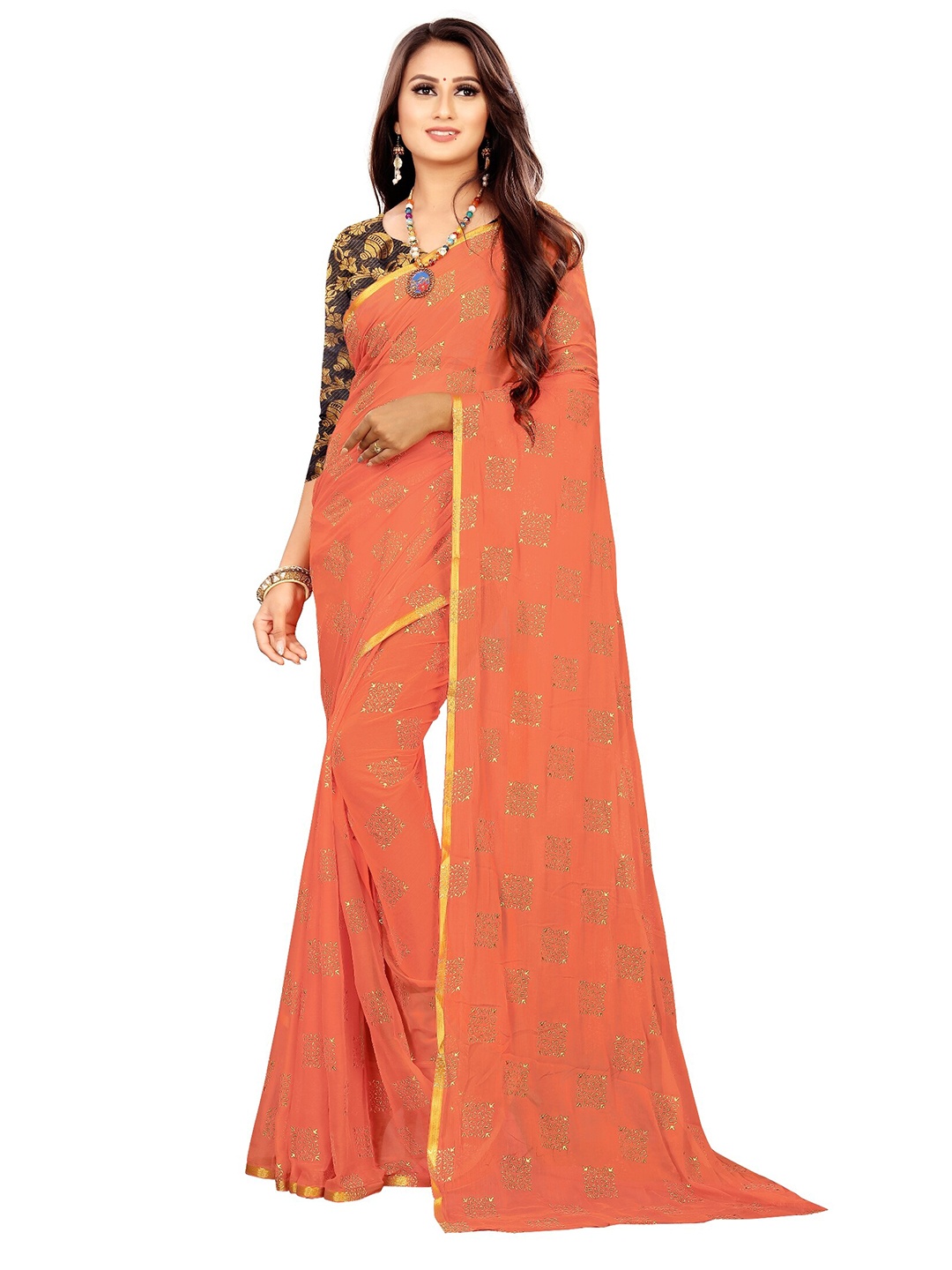 

Rhey Peach-Coloured & Gold-Toned Checked Beads and Stones Fusion Saree
