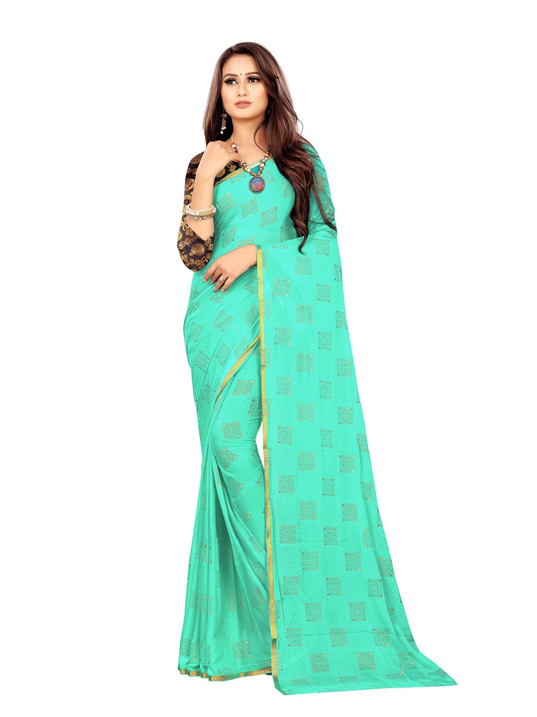 

Rhey Sea Green & Gold-Toned Ethnic Motifs Printed Saree