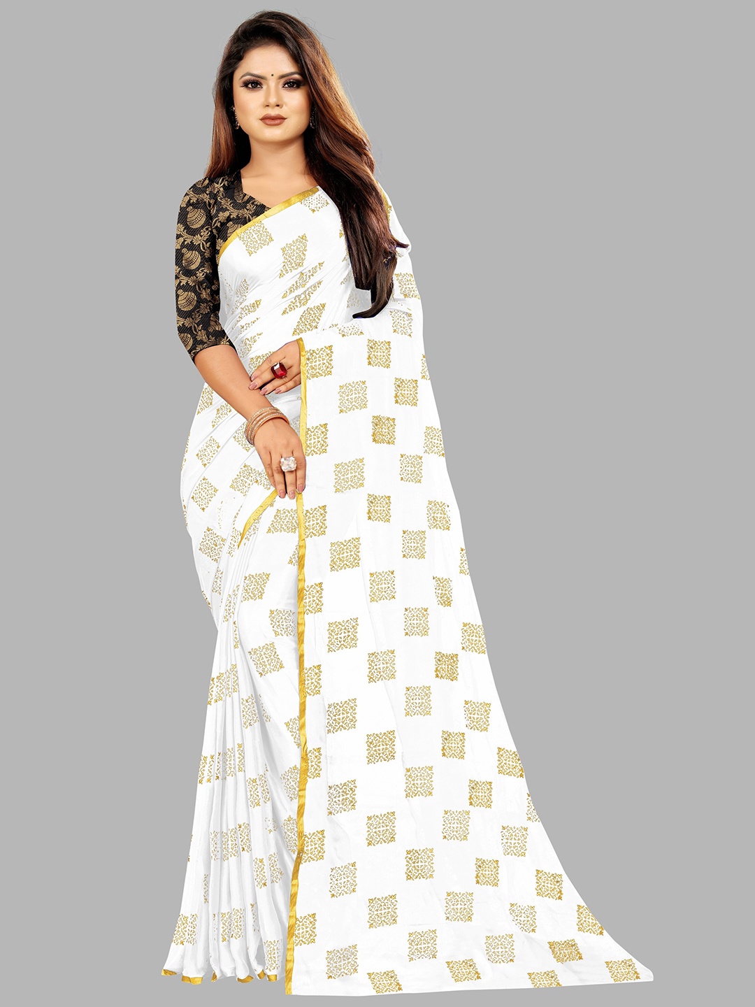 

Rhey White & Gold-Toned Checked Beads and Stones Fusion Saree