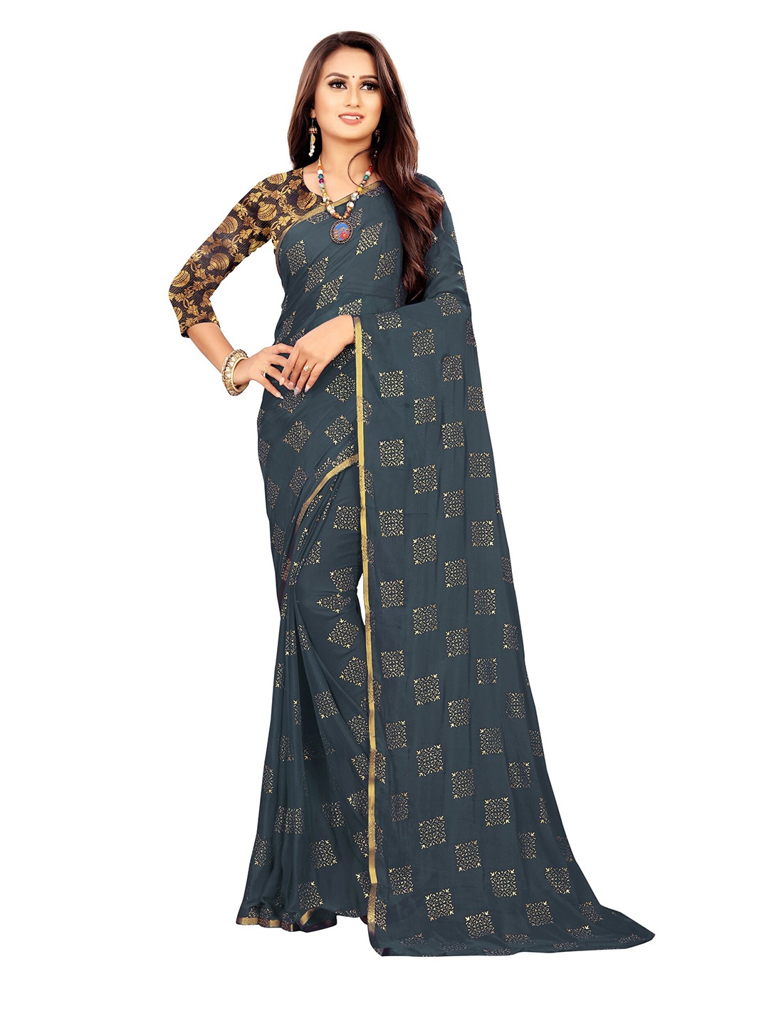 

Rhey Grey & Gold-Toned Checked Beads and Stones Fusion Saree