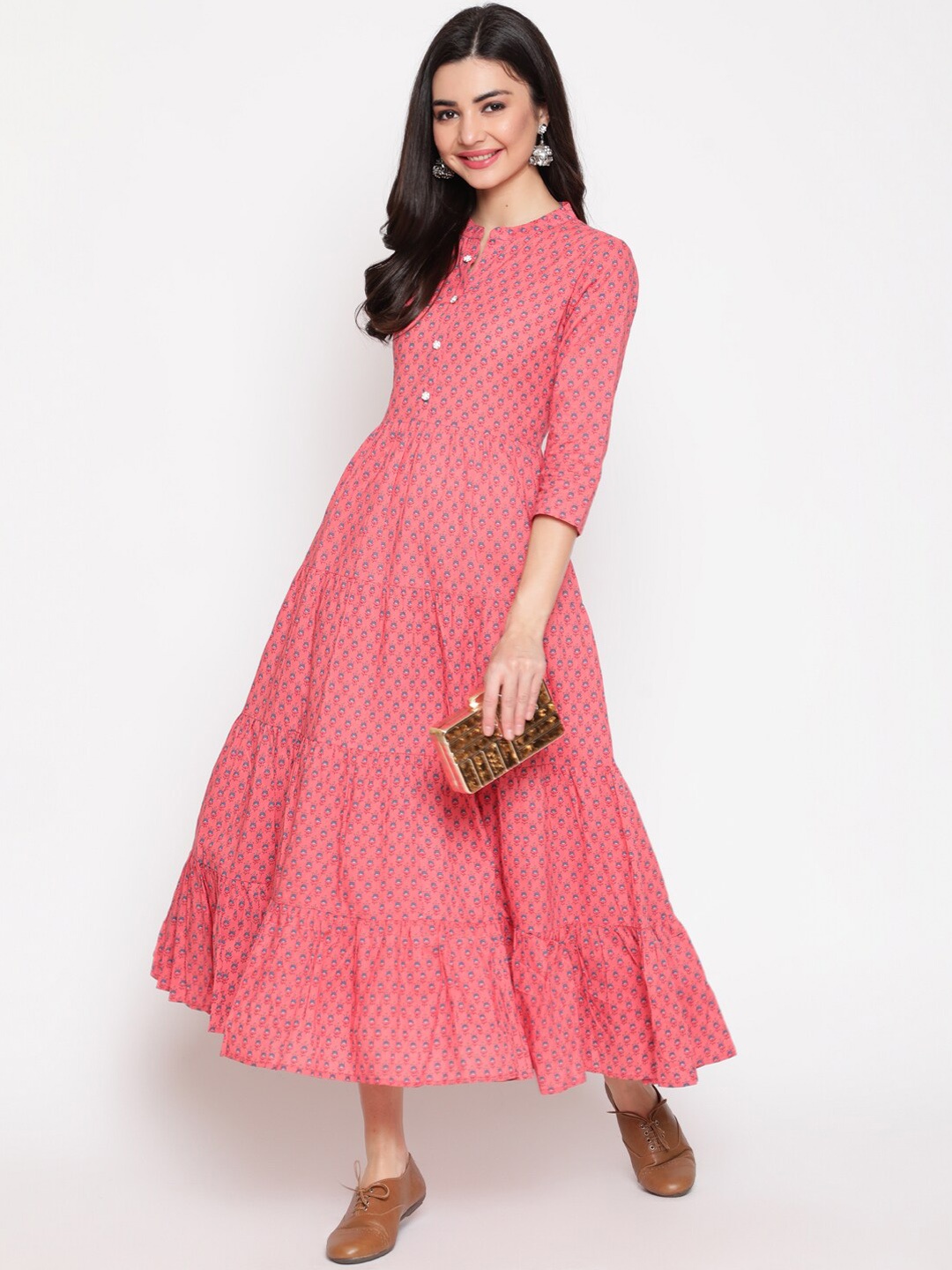 

GLAM ROOTS Women Pink Floral Printed Tiered Anarkali Kurta