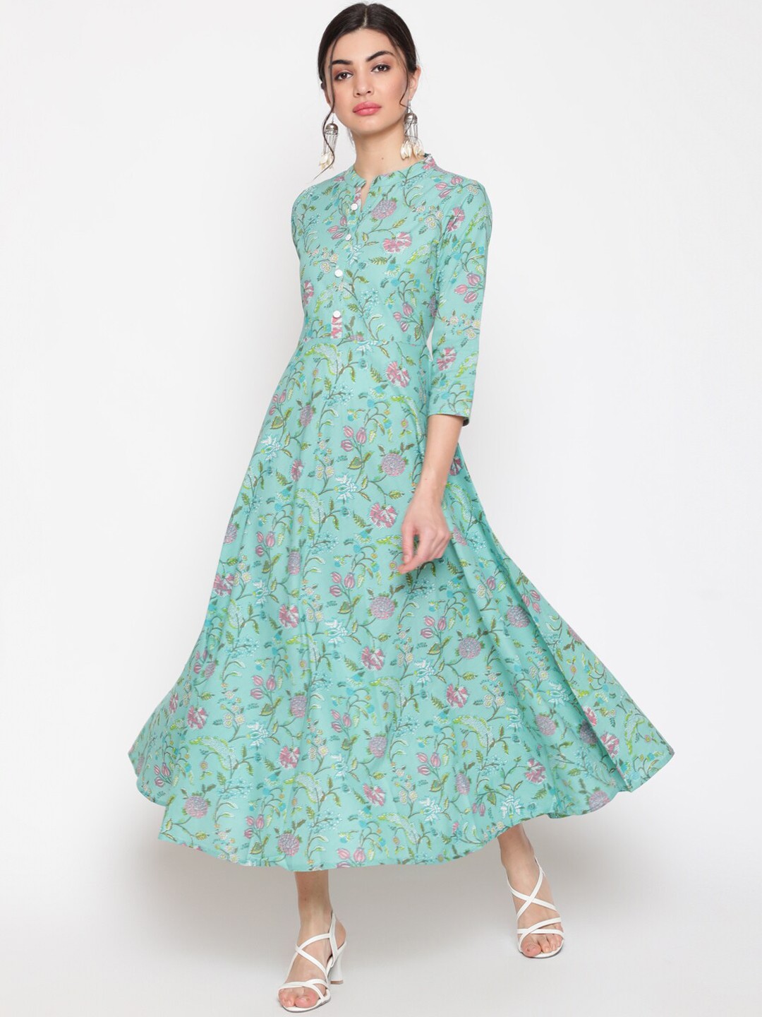 

GLAM ROOTS Women Green & Pink Floral Printed Keyhole Neck Mirror Work Floral Anarkali Kurta