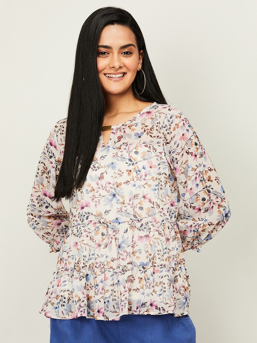 

CODE by Lifestyle Beige Floral Print Keyhole Neck Peplum Top