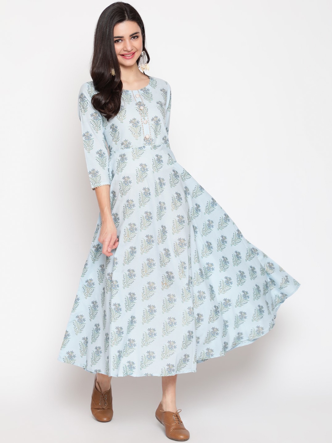 

GLAM ROOTS Women Blue Geometric Printed Thread Work Floral Anarkali Kurta