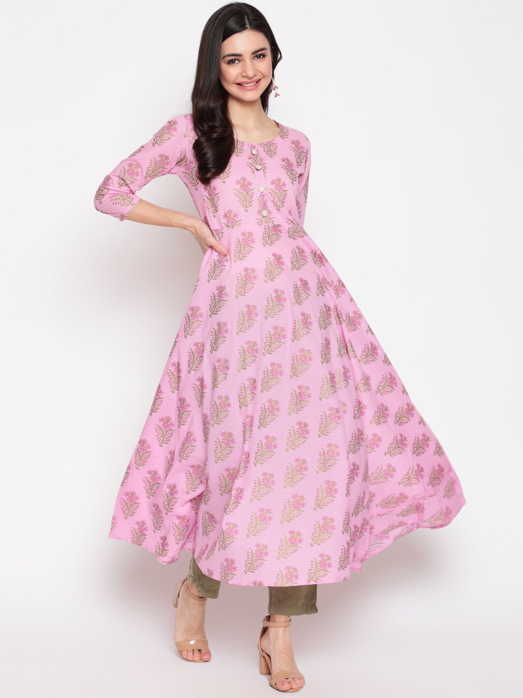 

GLAM ROOTS Women Pink Printed Floral Anarkali Kurta