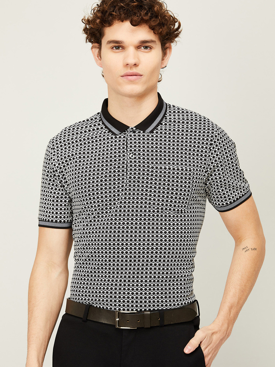 

CODE by Lifestyle Men Black & White Printed Polo Collar Slim Fit Cotton T-shirt