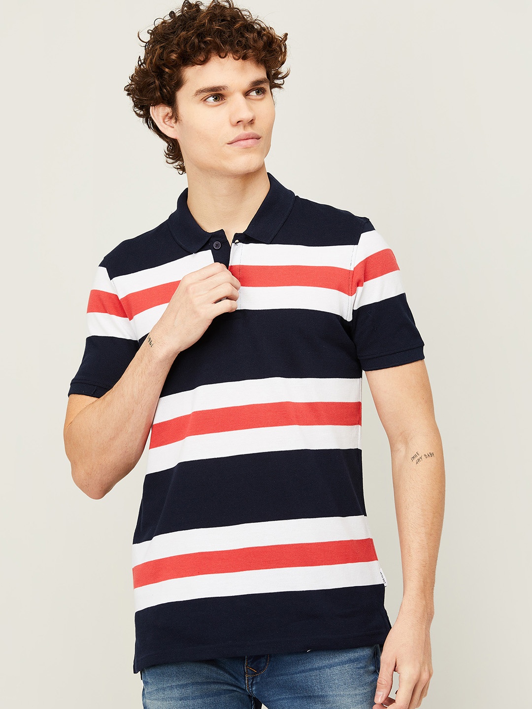 

Fame Forever by Lifestyle Men Red & Black Striped Polo Collar Cotton T-shirt