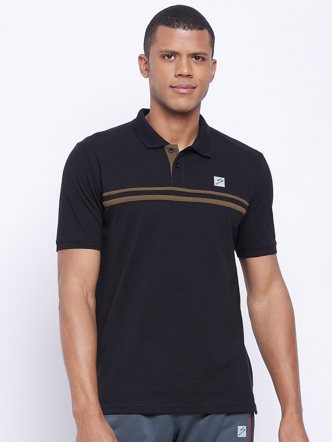 

UNPAR Men Black & Tan Striped Polo Collar T-shirt