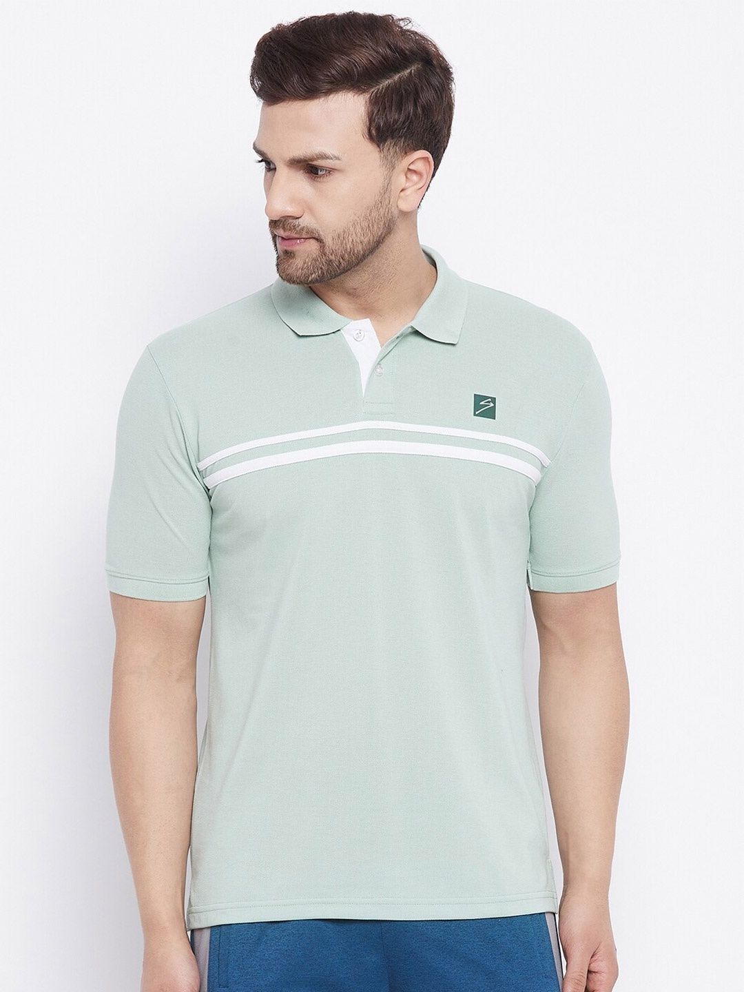 

UNPAR Men Green & White Striped Polo Collar T-shirt