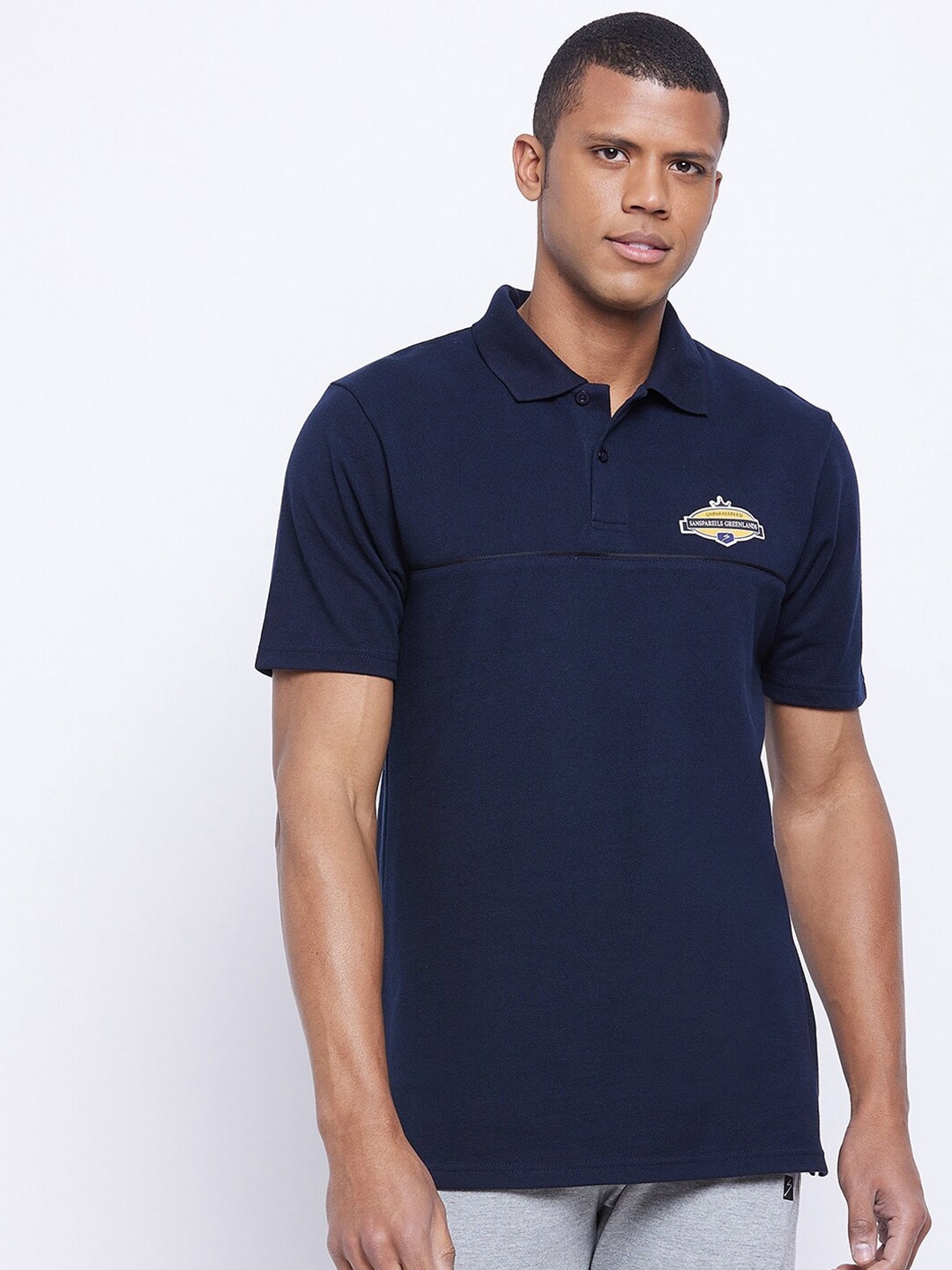 

UNPAR Men Navy Blue & Black Striped Polo Collar T-shirt