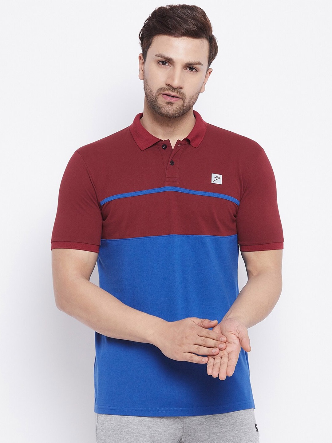 

UNPAR Men Maroon & Blue Colourblocked Polo Collar T-shirt
