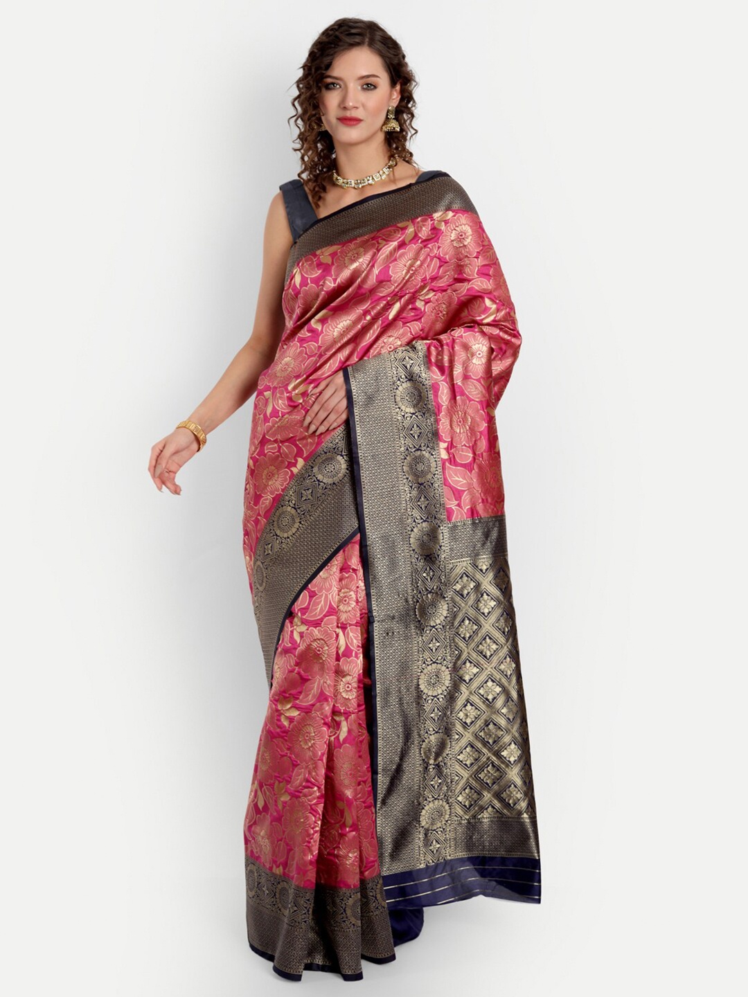 

ASPORA Pink & Navy Blue Woven Design Silk Blend Kanjeevaram Saree