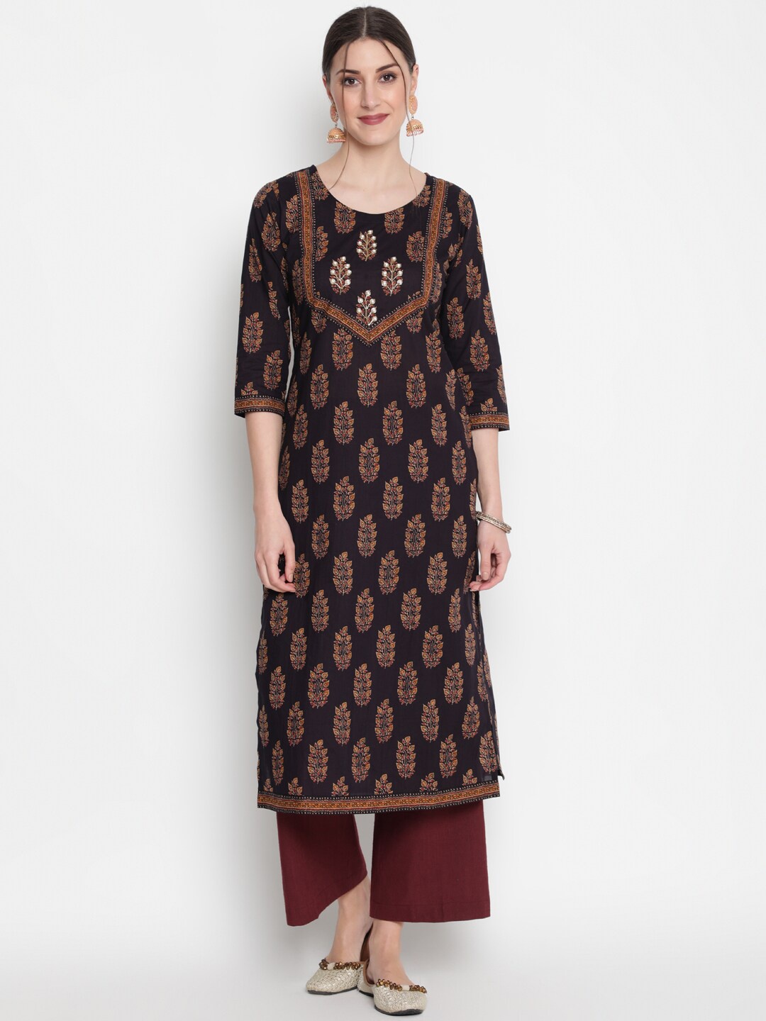 

GLAM ROOTS Women Black Ethnic Motifs Printed Thread Work Kurta