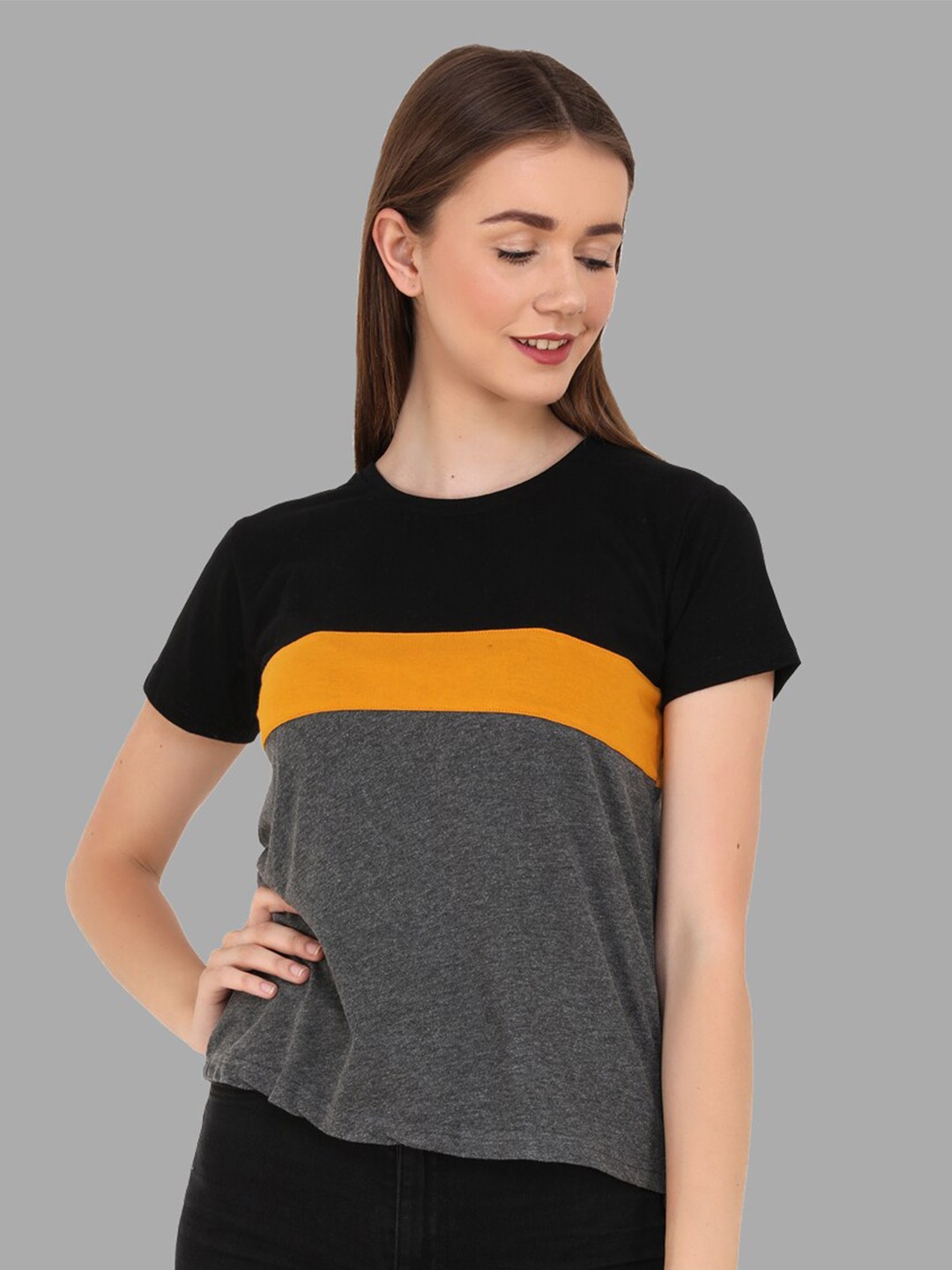 

Reifica Women Black Colourblocked Bio Finish T-shirt