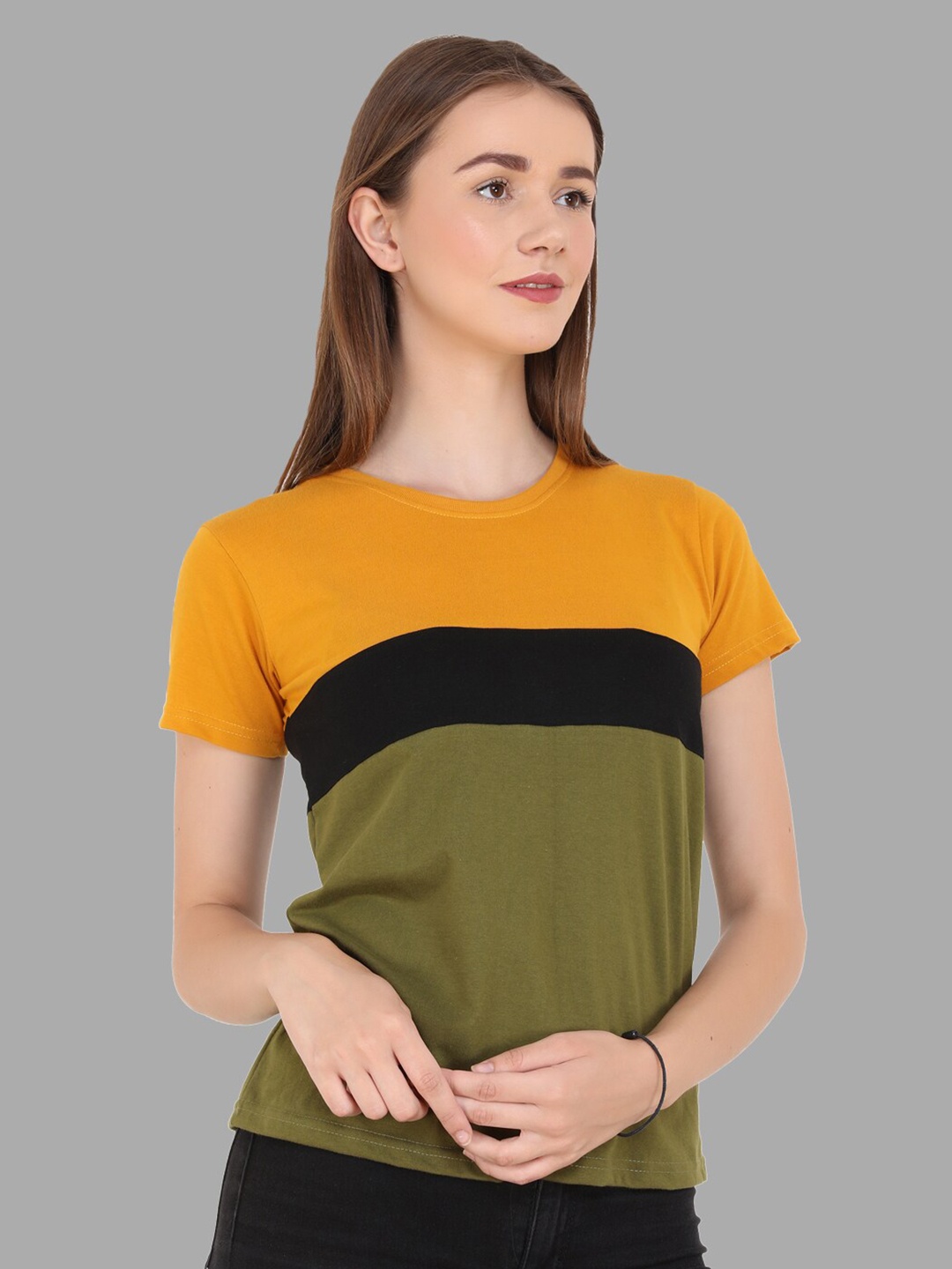 

Reifica Women Mustard Yellow Colourblocked Bio Finish T-shirt