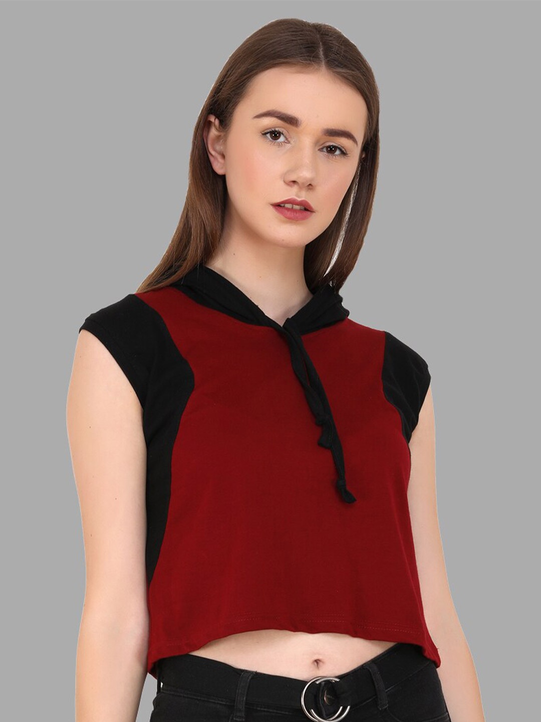 

Reifica Women Maroon Colourblocked Bio Finish Cropped T-shirt