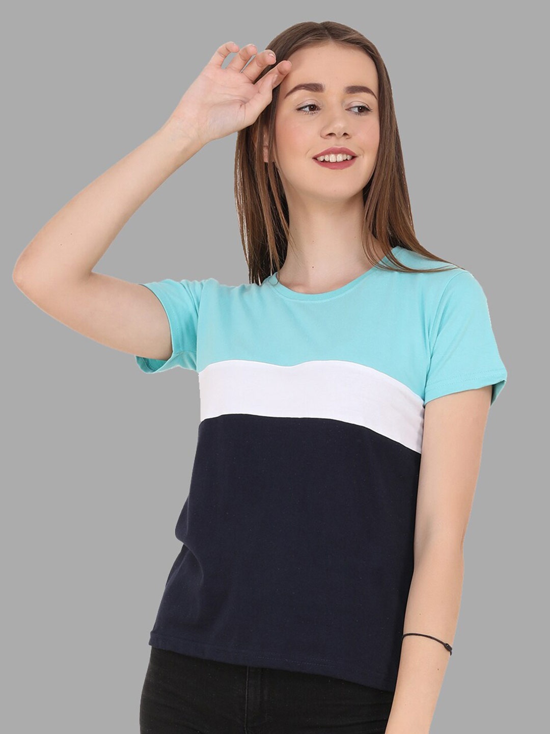 

Reifica Women Turquoise Blue Colourblocked Bio Finish T-shirt