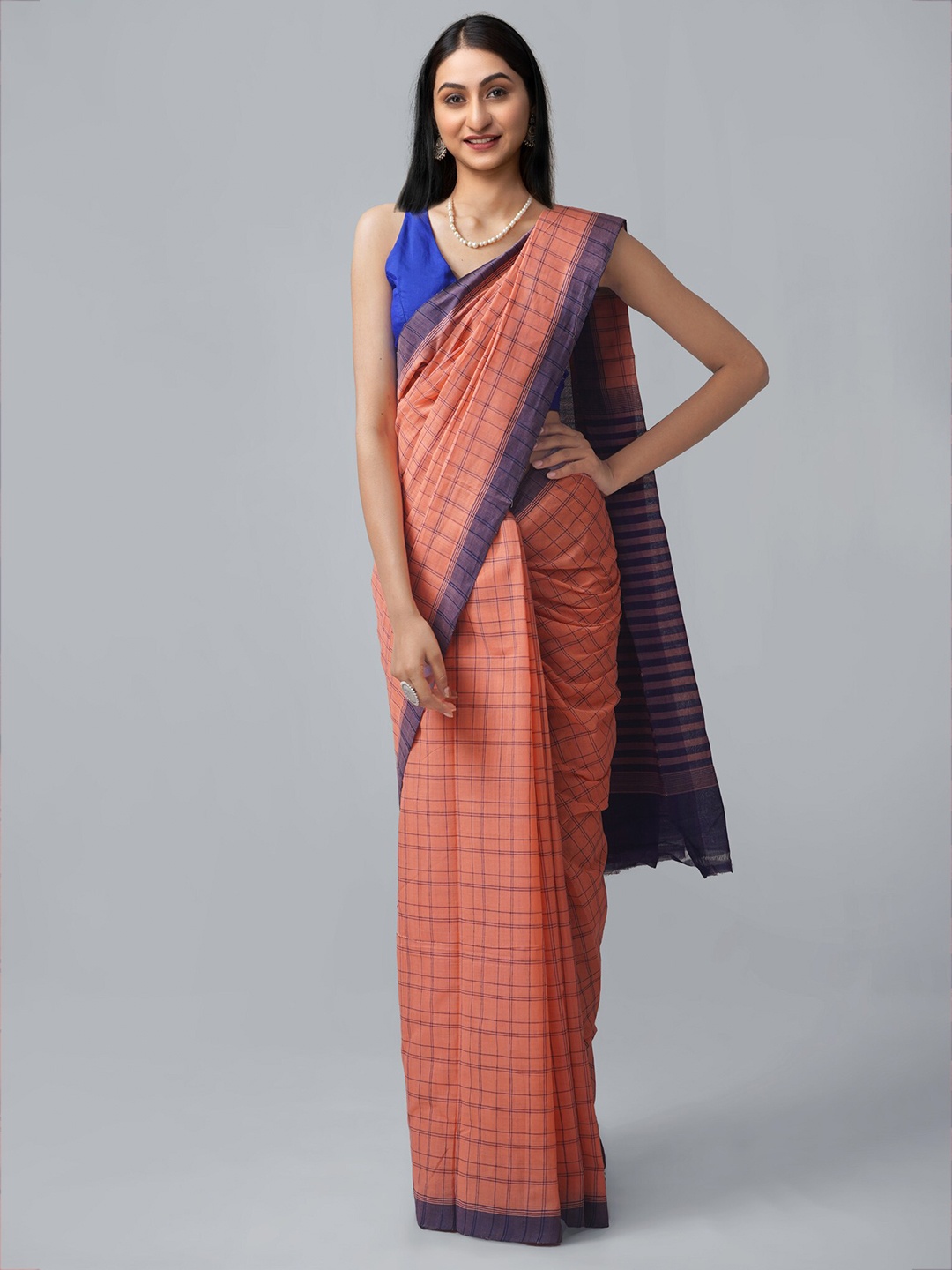 

Unnati Silks Orange & Navy Blue Woven Design Pure Cotton Venkatgiri Saree