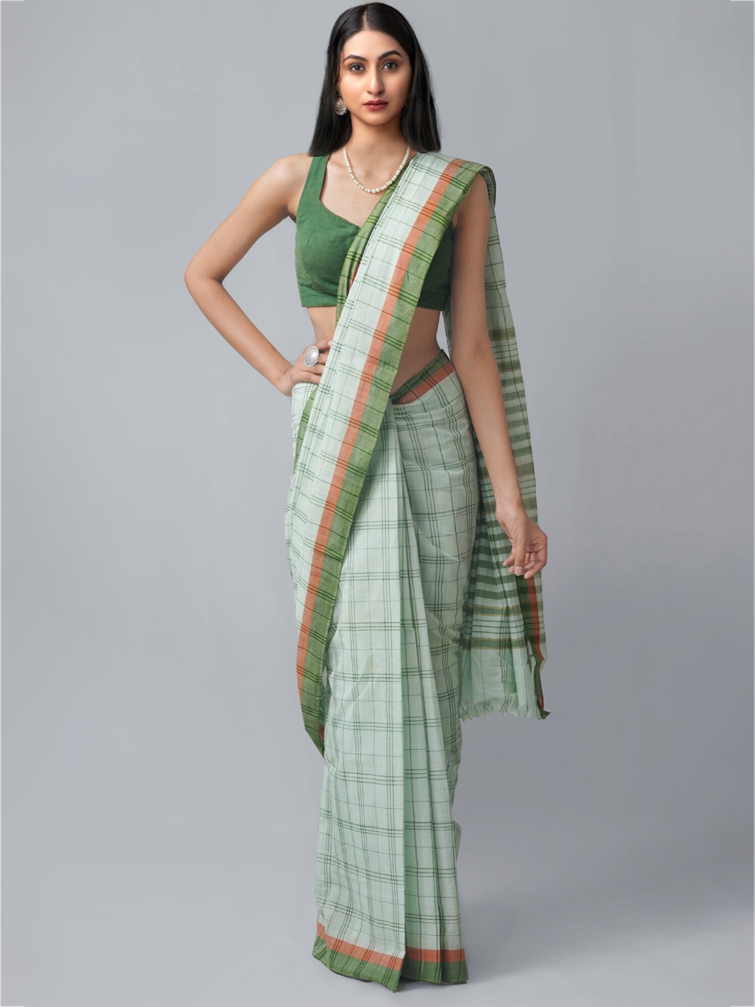 

Unnati Silks Green & Orange Checked Pure Cotton Venkatgiri Saree