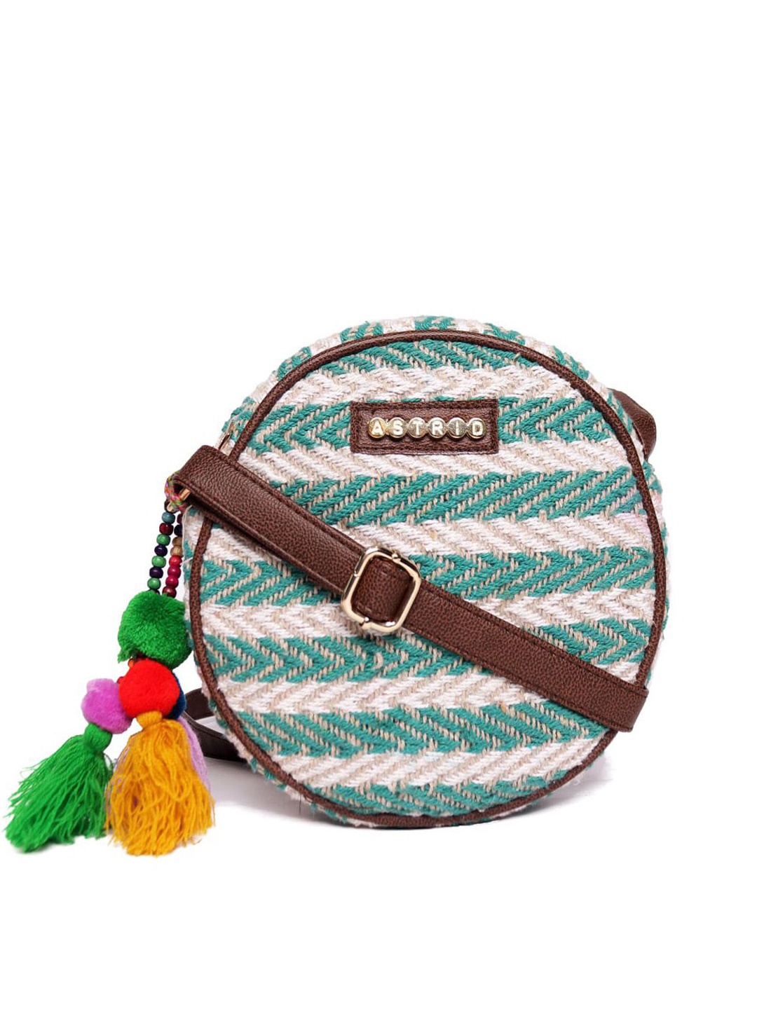

ASTRID Green Striped Round Sling Bag with Tasselled
