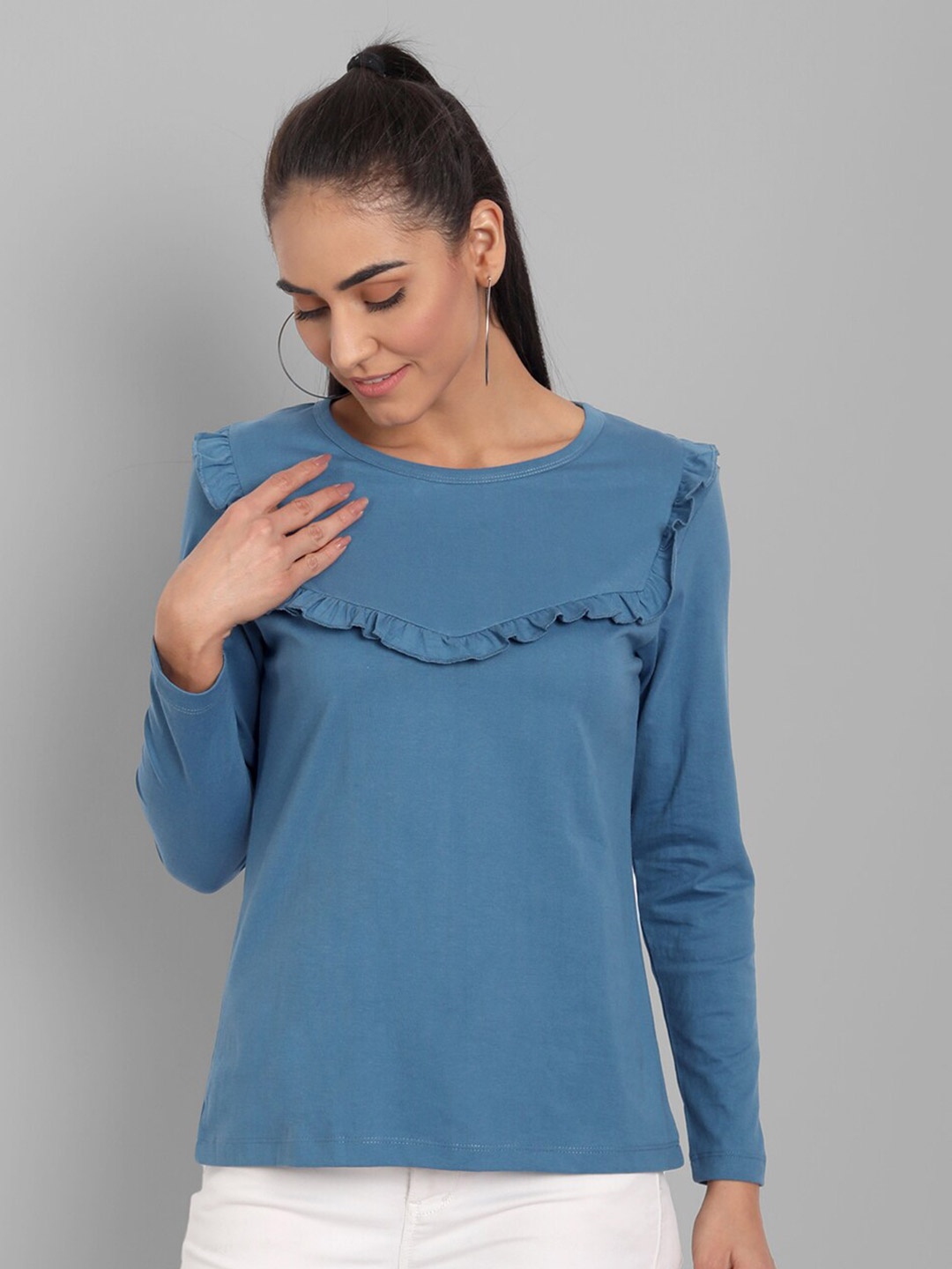 

House of Mool Women Blue Full Sleeve Ruffle T-shirt