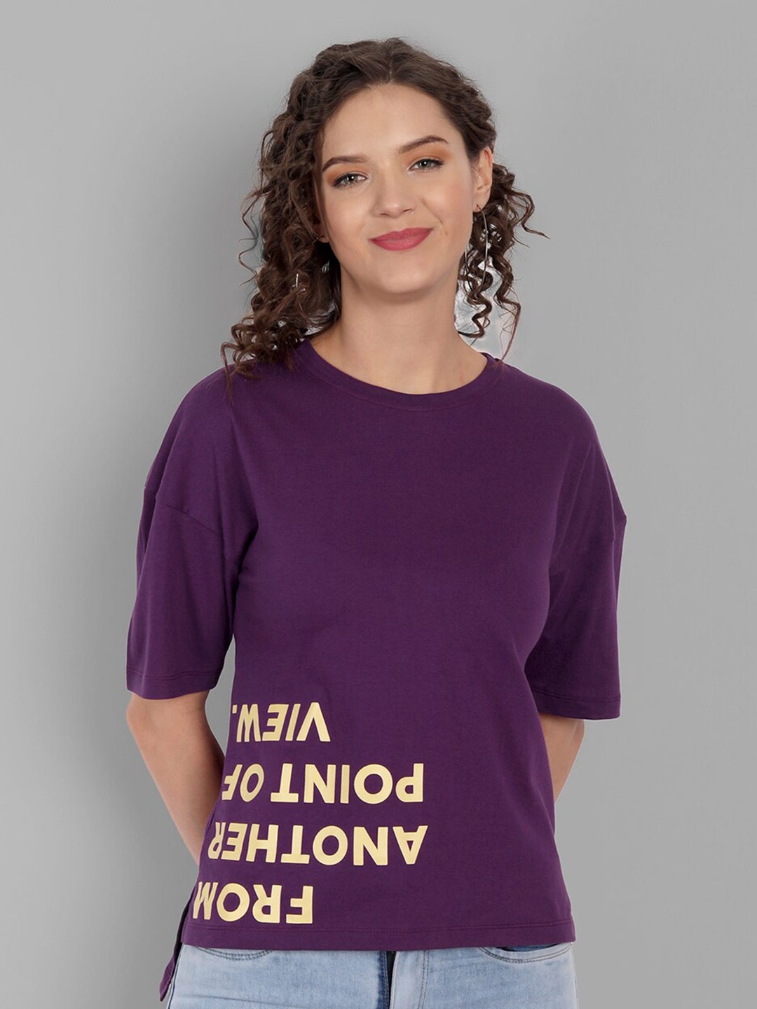 

House of Mool Women Purple Typography Printed Assymetric Freestyle T-shirt