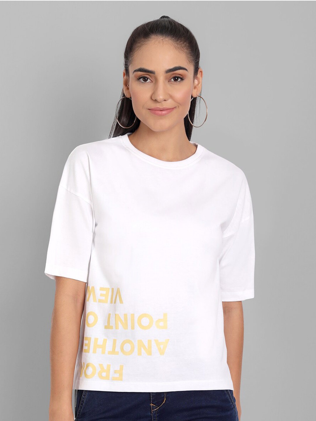 

House of Mool Women White Printed Assymetric Freestyle T-shirt