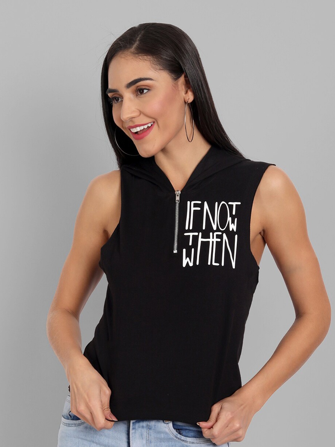 

House of Mool Women Black Typography Loose Cover Up Hoodie T-shirt