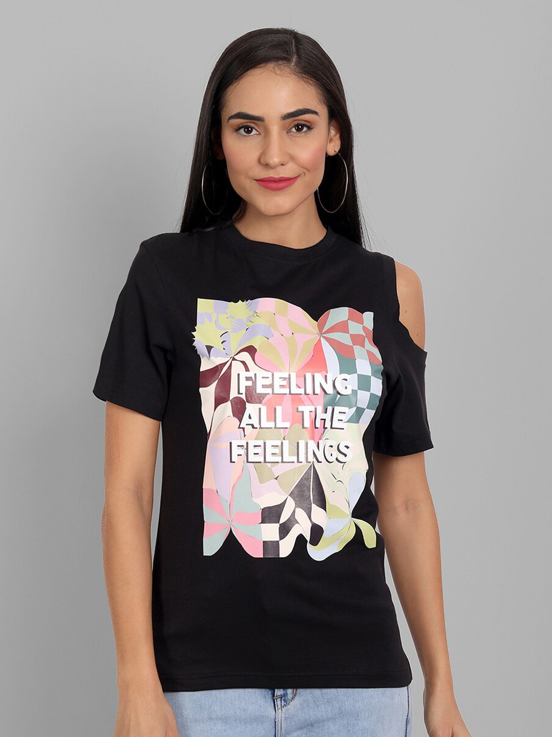 

House of Mool Women Black Printed One Cold Shoulder Top