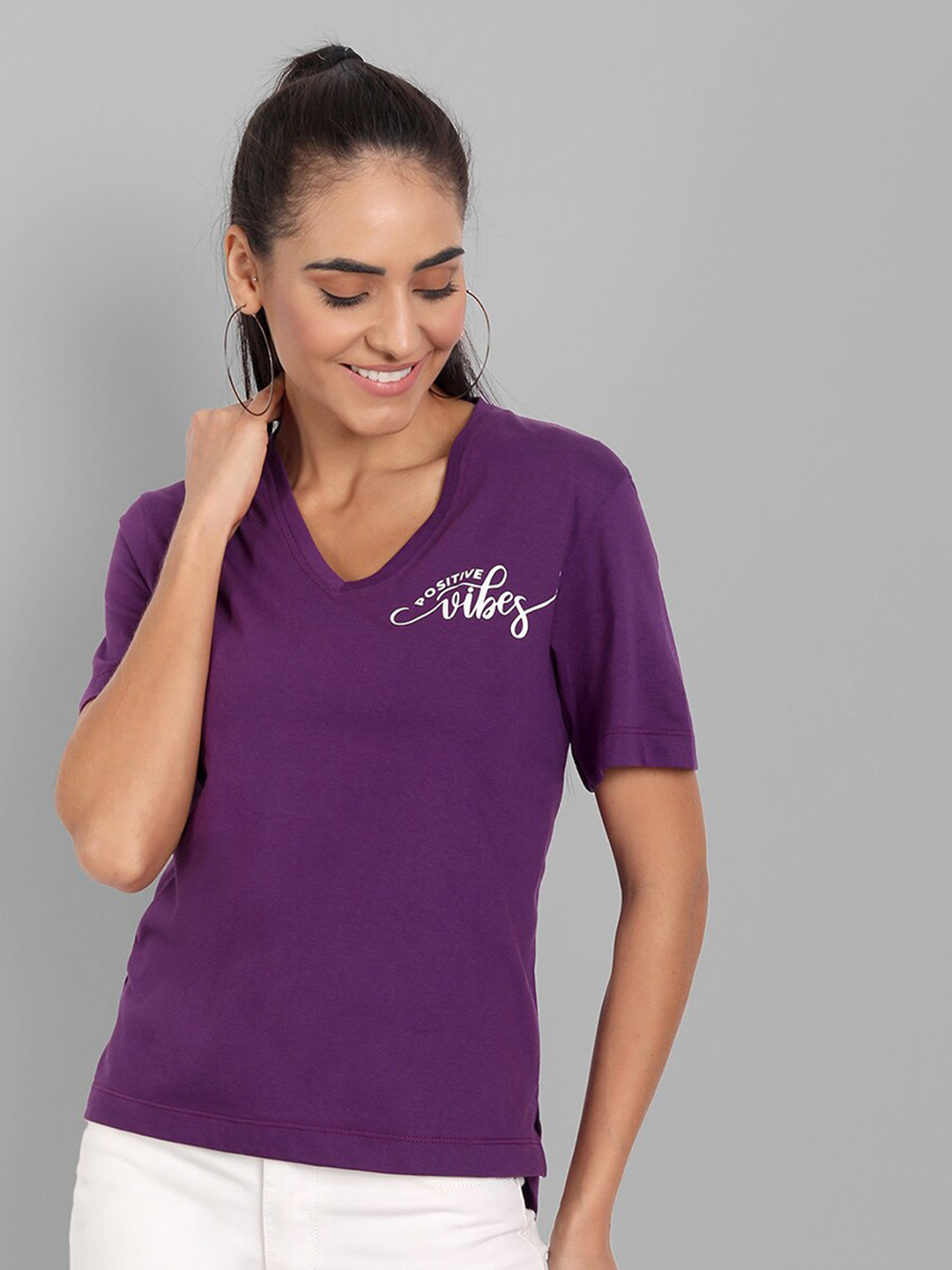 

House of Mool Women Purple V-Neck T-shirt