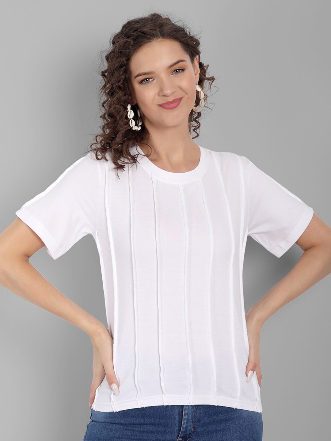 

House of Mool Women White Striped T-shirt